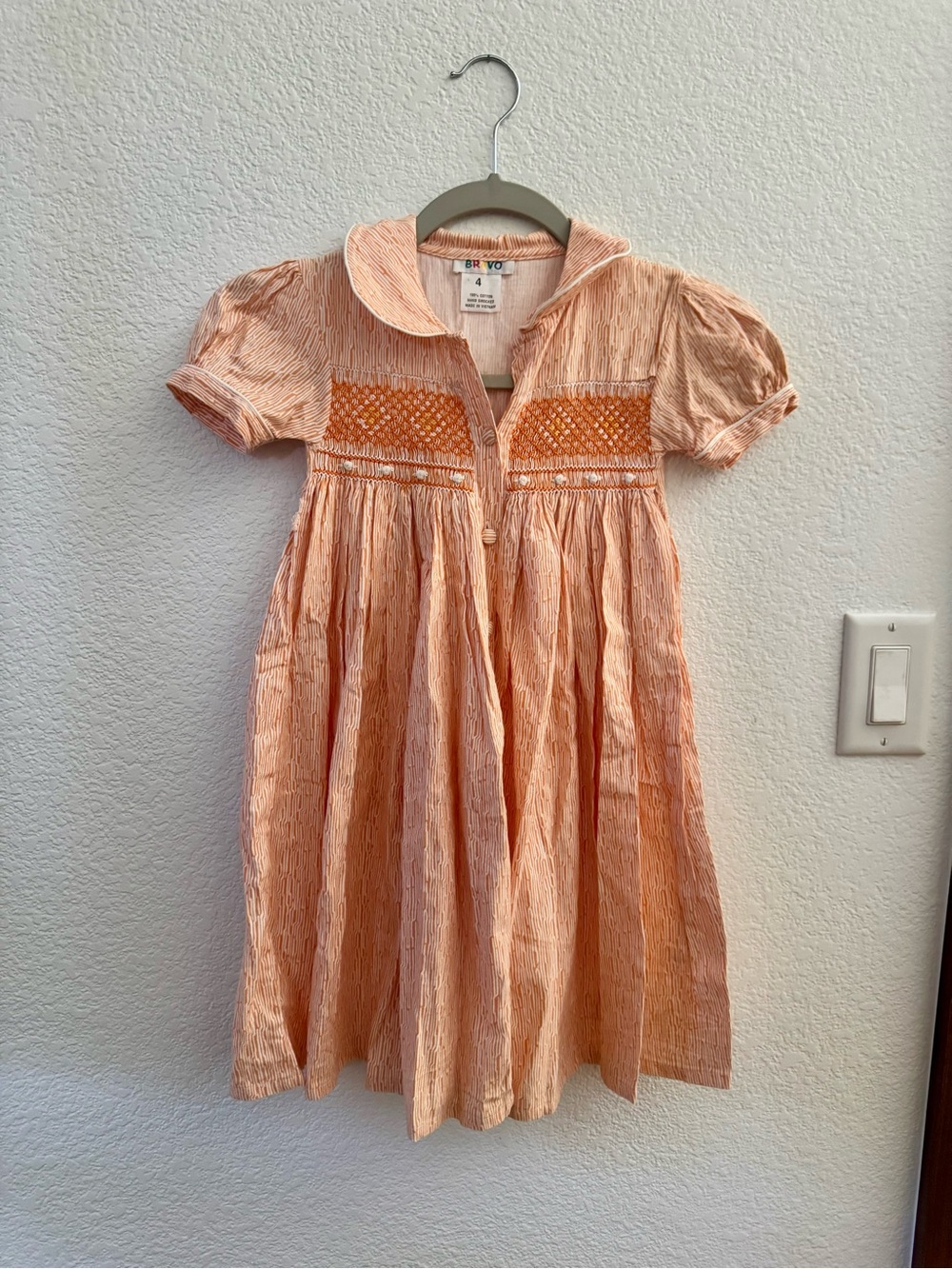 Girls Vintage Peach Smocked Cotton Kids Dress